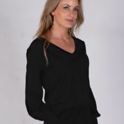 Dames V Neck trui black in viscose lurex met lange pofmouw – SPLIT - The Clothed Premium Basics