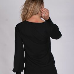 Dames V Neck trui black in viscose lurex met lange pofmouw – SPLIT - The Clothed Premium Basics