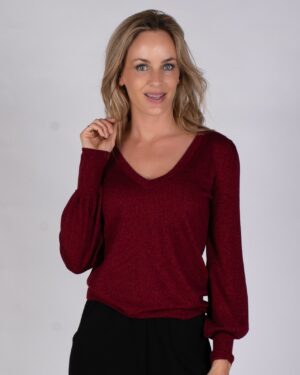 Dames V Neck trui Port in viscose lurex met lange pofmouw – SPLIT - The Clothed Premium Basics