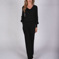 Dames V Neck trui black in viscose lurex met lange pofmouw – SPLIT - The Clothed Premium Basics