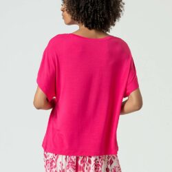 T-shirt V-hals losvallend model Boothals Fuchsia - Surkana