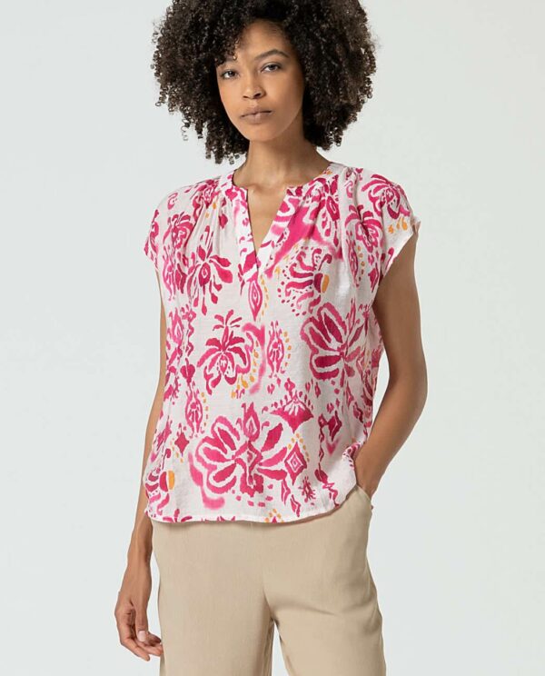 Blouse V-hals Bloemenprint Fuchsia - Surkana