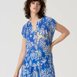 Blouse V-hals Bloemenprint Blauw - Surkana