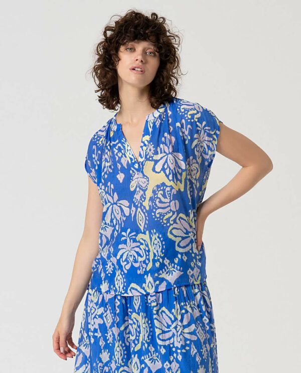 Blouse V-hals Bloemenprint Blauw - Surkana